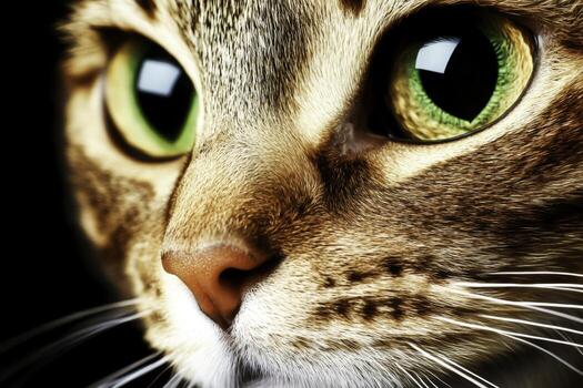 closeup of Cat Face with Striking Green Eyes and Unique Fur Texture photo