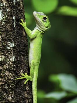 Vibrant Green Lizard Climbing Up a Tree Trunk in Lush Natural Habitat photo