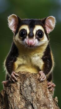 Cute Sugar Glider Sitting on Tree Trunk with Nature Background and Big Eyes photo