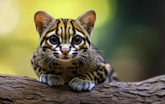 Playful Ocelot Cub Resting on Tree Branch in Vibrant Natural Environment photo