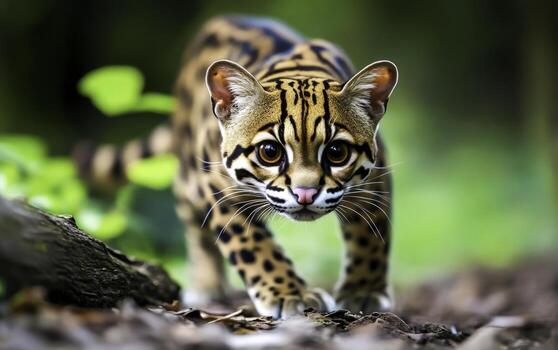 adorable ocelote caminando graciosamente mediante lozano bosque con manchado piel modelo foto