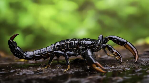 closeup of a Black Scorpion Crawling on a Wet Log with a Green Background photo