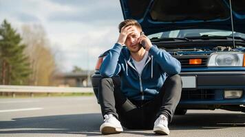 un hombre se sienta en el borde del camino, mirando afligido y haciendo un teléfono llamada para ayuda como su coche tiene roto abajo. él es vestido por casualidad, rodeado por arboles y un claro cielo video