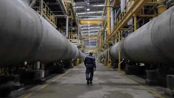 arbetstagare navigerar genom expansiv industriell anläggning terar stor rörledningar och robust infrastruktur. de miljö slingor de skala av operationer i en produktion område video