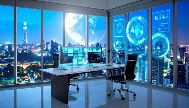 Modern office with futuristic cityscape view, data visualization, and financial analytics for business intelligence solutions and innovative technologies photo