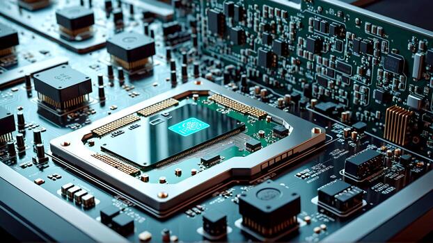Cutting-edge technology featuring intricate circuit board with glowing processor for innovation and high-tech concepts in modern electronics and engineering photo