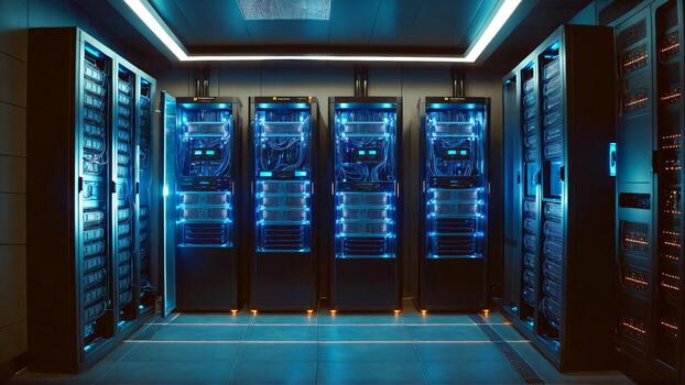 Modern server room with glowing blue lights showcasing data center infrastructure and cutting-edge technology for cloud computing and cybersecurity solutions photo