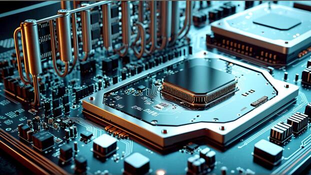 High-tech motherboard conveys innovation and advanced technology, ideal for electronics businesses and digital marketing materials focused on cutting edge computing photo