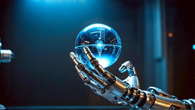 Futuristic robot hand gently holding a glowing orb, symbolizing innovation, artificial intelligence, and the potential of advanced technology in the future photo