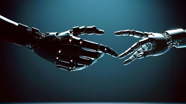 Futuristic robot hands reaching out, symbolizing innovation and advanced technology, perfect for science fiction, artificial intelligence, or technology concepts photo