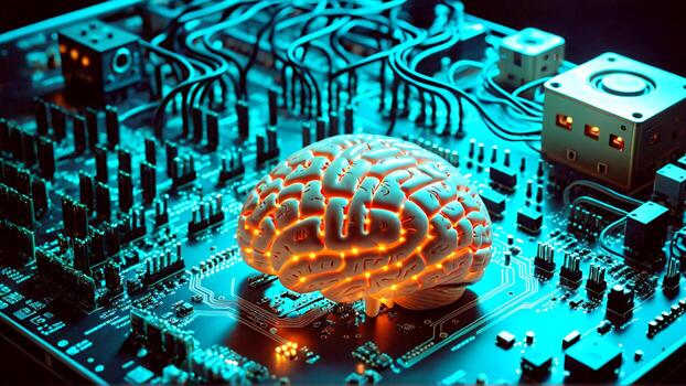 Futuristic AI brain glowing on complex circuit board, representing artificial intelligence, neural networks, and advanced technology solutions photo