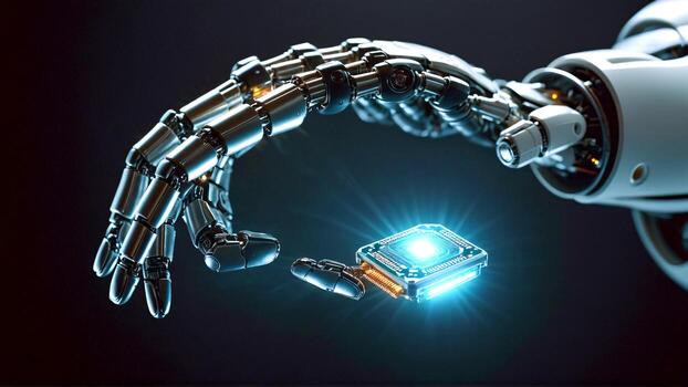 Robotic arm holding glowing circuit board, envisioning future technology advancements and automation in a cutting-edge world, innovative design concept photo