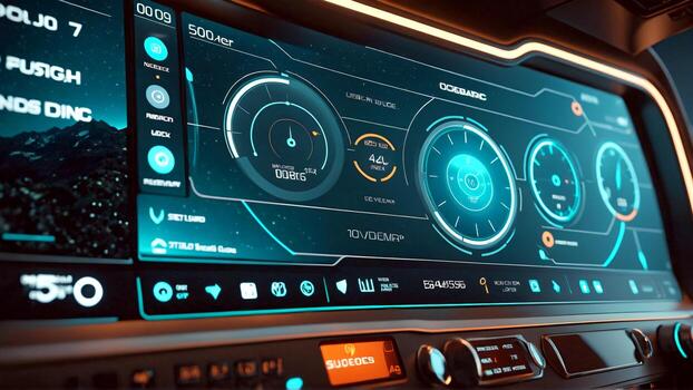 Immersive futuristic dashboard interface with glowing neon accents for cutting-edge technology, science fiction, and modern vehicle design projects photo