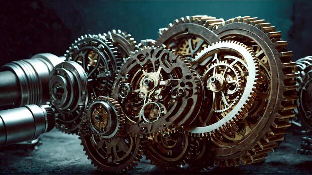 Intricate gears and cogs create a mesmerizing steampunk design, perfect for engineering, technology, or industrial themed projects and imaginative concepts photo