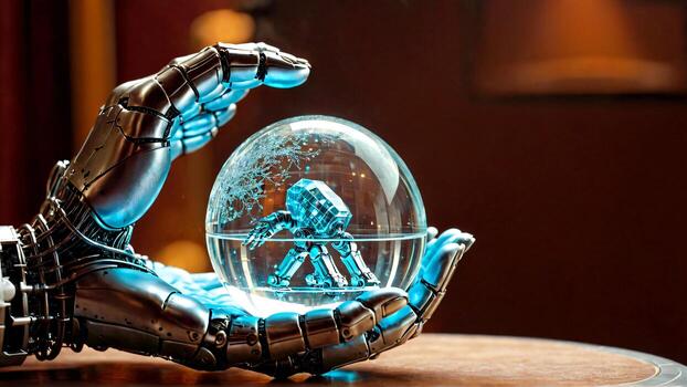 Elegant metallic robot hands protect futuristic cybernetic entity inside clear orb, showing advanced technology and artificial intelligence development concept photo