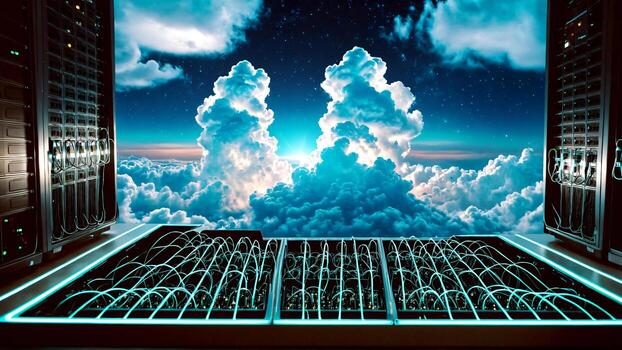 Powerful servers processing data in the cloud with vibrant sky and modern technology solutions for digital transformation and high speed connectivity photo