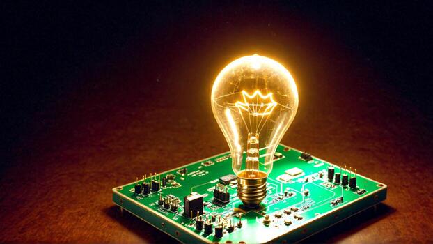 Innovative lightbulb shines brightly atop a vibrant green circuit board, symbolizing breakthrough technology and creative problem solving in the digital age photo