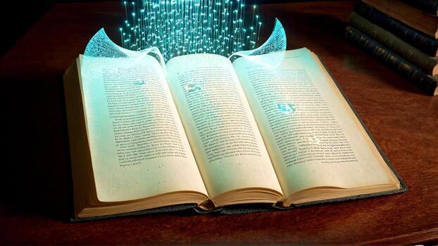 Open book with abstract glowing data streams offers a modern, high-tech knowledge and education concept for digital learning and futuristic storytelling photo