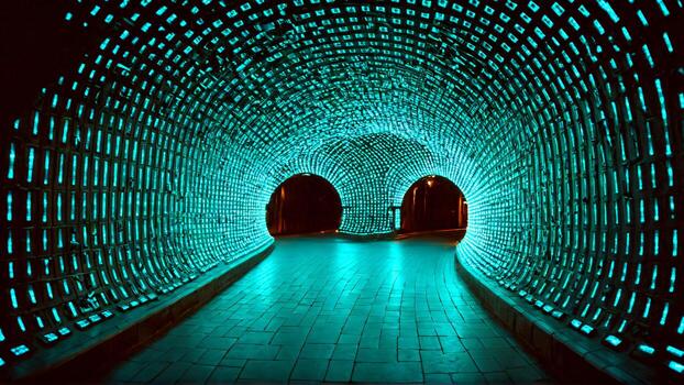 Step into a mesmerizing turquoise tunnel, a captivating architectural design perfect for modern concepts and innovative projects, with abstract lighting effects photo
