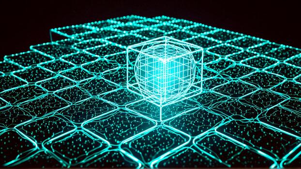 Dive into the future with this stunning digital grid and glowing cube, perfect for tech startups and innovation campaigns, sparking curiosity and inspiration photo