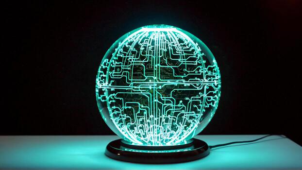 Futuristic glowing orb with intricate circuit patterns adds a modern tech vibe to any project, perfect for innovation, technology, and cutting-edge themes photo