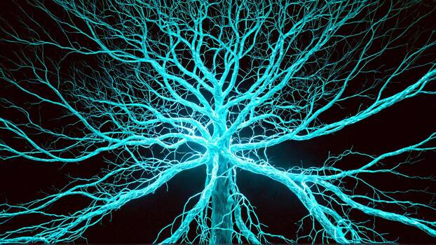 Glowing blue tree branches reach out in a stunning display of nature's power, perfect for technology, science, or abstract designs with a modern edge photo
