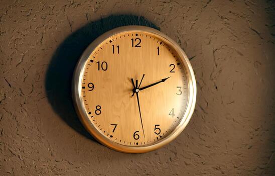 Elegant wooden wall clock with metallic frame casting a dramatic shadow on textured background, perfect for modern spaces and time management themes. photo