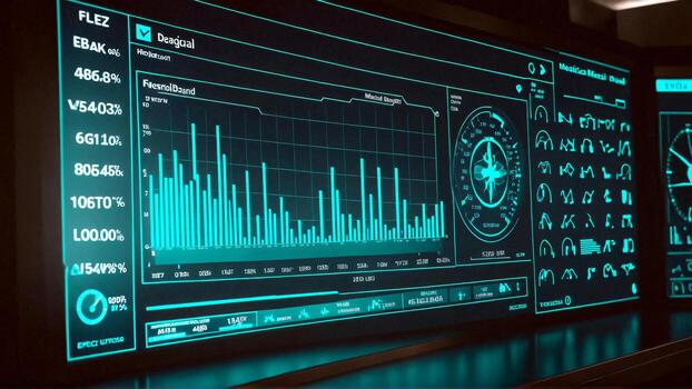 Dynamic digital dashboard displays complex data analytics, financial charts, and futuristic interface elements in a vibrant cyan glow, showcasing advanced technology. photo