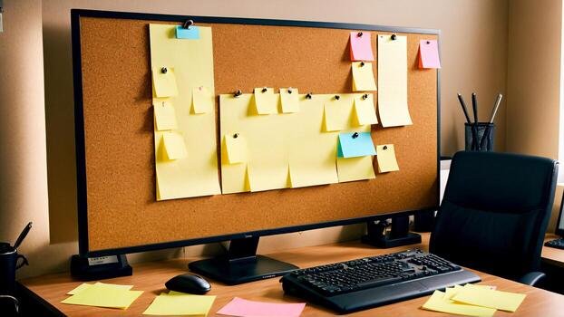 Organized workspace with corkboard full of colorful sticky notes, ready for brainstorming and project planning, fostering productivity and idea generation. photo