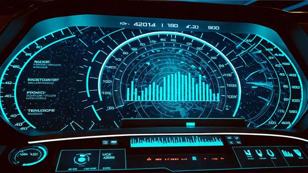 Futuristic digital dashboard with glowing blue data visualizations and intricate control panel readouts photo