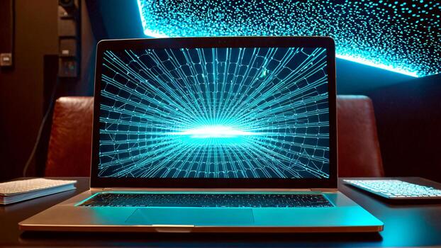 Immersive digital network visualization explodes with vibrant blue light on a modern laptop screen, captivating technology and data concepts photo
