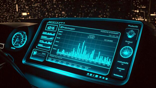 Futuristic dashboard displays real-time data and performance metrics with vibrant cyan glow in a modern vehicle cockpit at night photo
