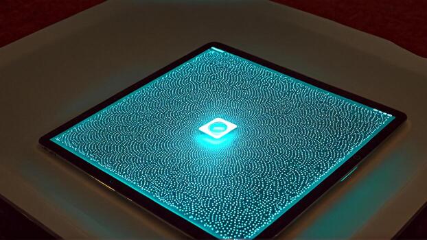 Stunning digital interface with glowing cyan particles and central illuminated square, representing future tech and innovation photo