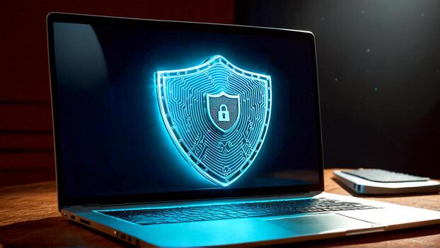 Modern laptop displays glowing digital shield with lock icon, symbolizing robust cybersecurity and data protection in a secure digital realm. photo