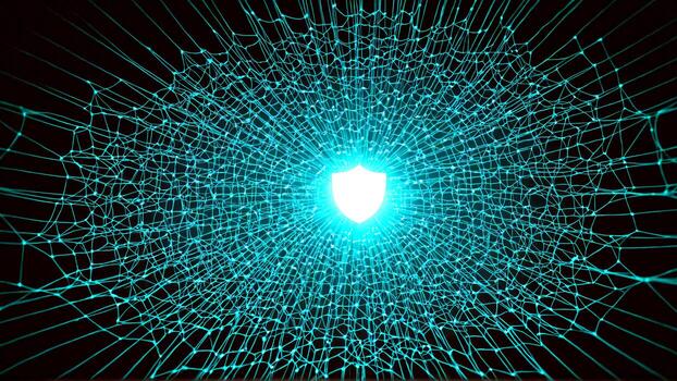 Digital shield glows brightly at the center of a luminous interconnected network, symbolizing secure data and robust cyber protection photo