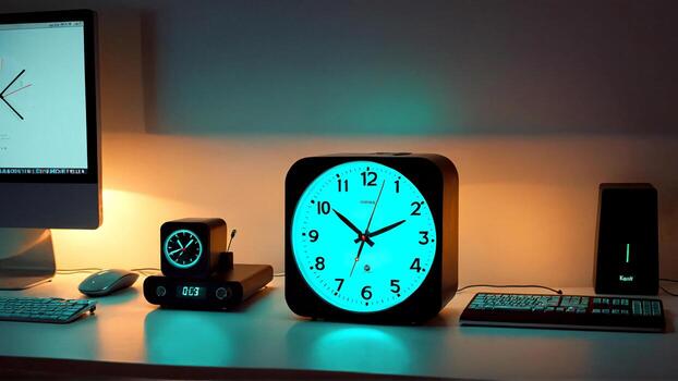 Modern desk setup with glowing alarm clock, computer monitor, and keyboard creates productive ambiance. photo