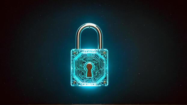 Futuristic digital padlock with glowing circuit board design symbolizes unbreakable cybersecurity and advanced data protection for modern tech solutions photo