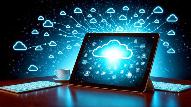 Modern workspace featuring cloud computing on a sleek tablet with glowing icons, symbolizing digital transformation and innovative technology solutions photo