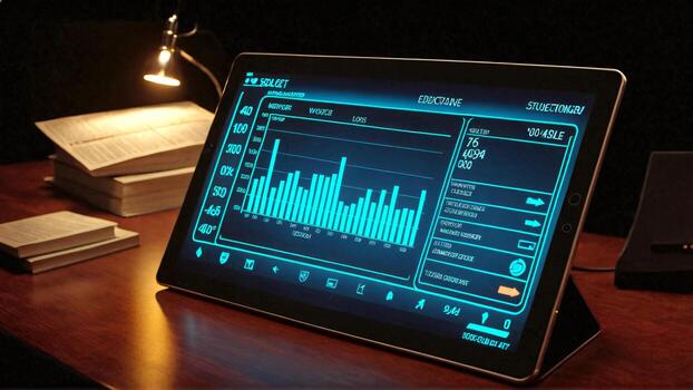 Analyze business data with modern tech and old books on a desk, a dynamic display of financial insights and historical knowledge in a dark study room photo