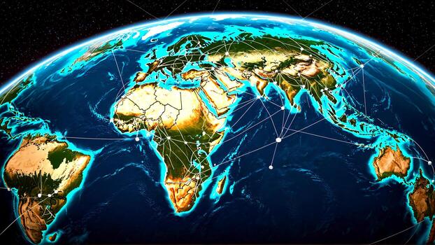 Dynamic global network connecting continents and oceans, illustrating worldwide communication and digital interconnectedness across continents photo
