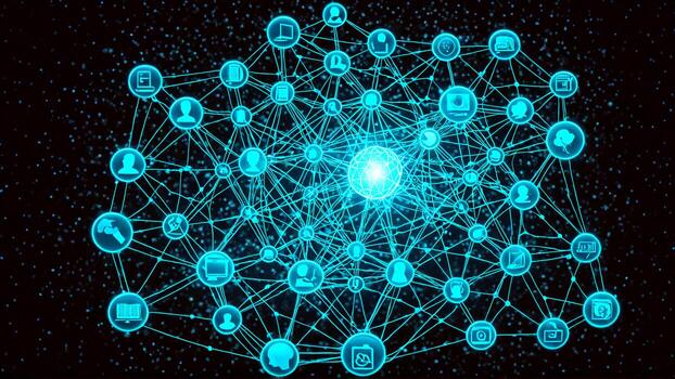 Dynamic digital network connecting people, ideas, and data across a glowing abstract universe of information photo