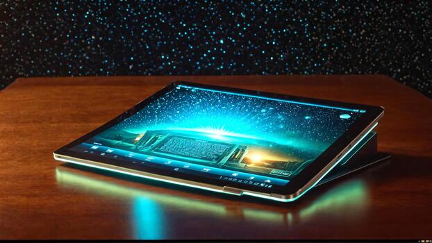 Immersive digital tablet displaying vibrant cosmic landscape and data streams, perfect for tech innovation concepts. photo