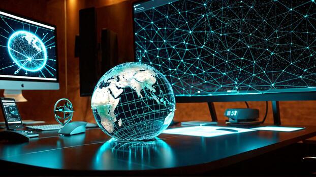 Stunning digital globe illuminates modern technology desk showcasing global network connections and data visualization for innovation and future concepts. photo