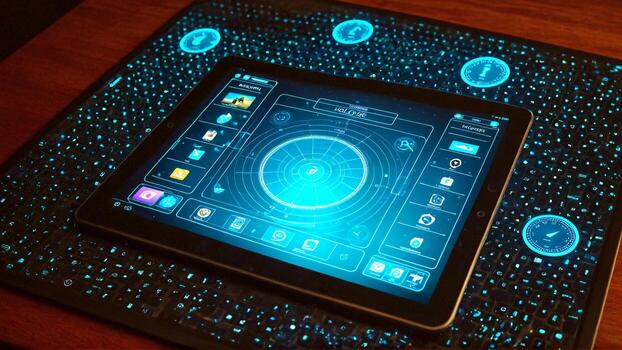 Futuristic tablet displaying holographic interface with glowing digital data, next to a luminous keyboard showcasing innovative technology and advanced connectivity. photo
