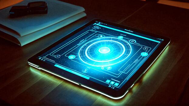 Immersive futuristic interface glowing on tablet screen, symbolizing innovation and advanced technology, perfect for digital transformation concepts. photo