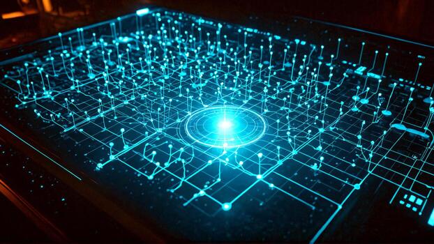 dinámica brillante digital red conectando datos puntos con central brillante centro, representando futurista innovación y global conectividad. foto