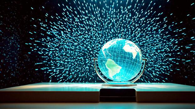 Stunning luminous globe illuminates a futuristic digital network, symbolizing global connection and advanced technology in a dynamic, modern presentation. photo