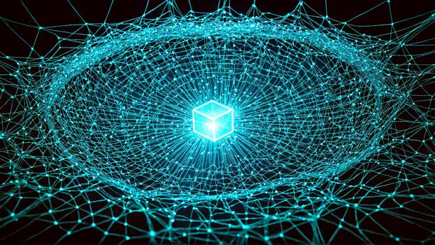 Stunning glowing neural network abstract with central luminous cube, representing AI, data, and complex systems in a dynamic digital realm. photo