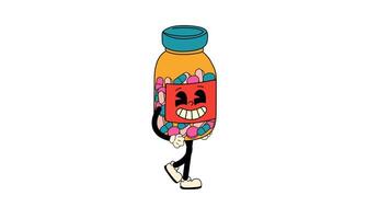 groovy retro comprimido jarra desenho animado personagem. caminhando ciclo animação. alfa canal transparência video