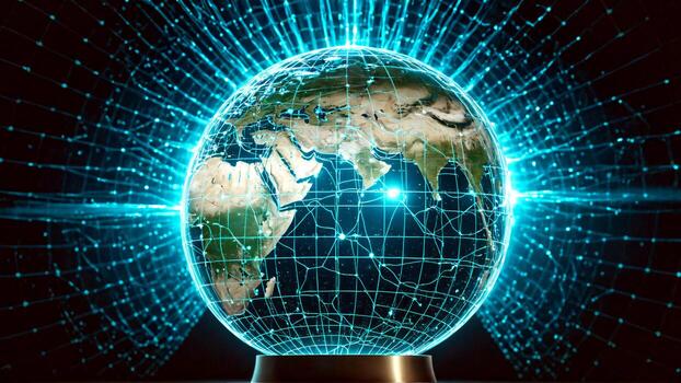 Dynamic global network pulses with vibrant digital energy connecting continents in a stunning technological display of modern connectivity photo